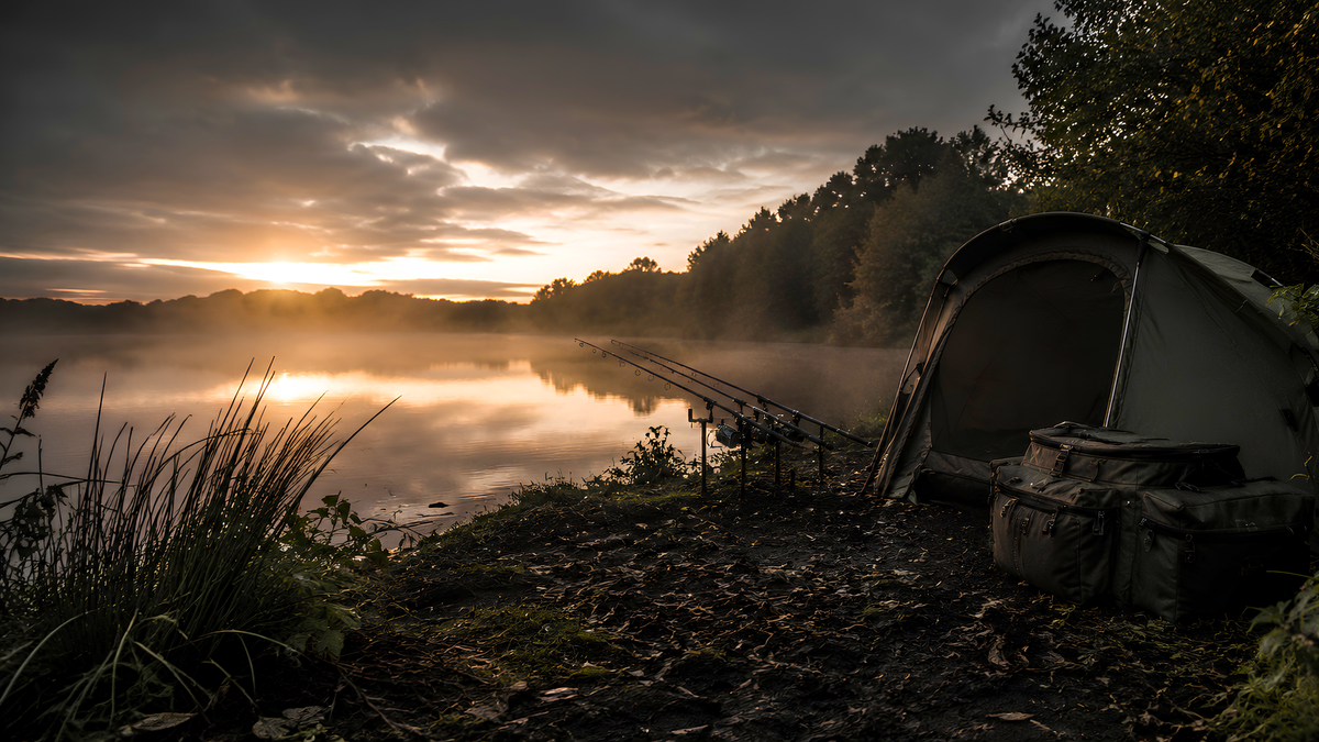 A carp bivvy is pitched on a lakeshore at sunrise, with mist over the water, trees in the background, and a dramatic cloudy sky. Rods out over a misty lake. Carp Fishing Clothing Store Opening soon